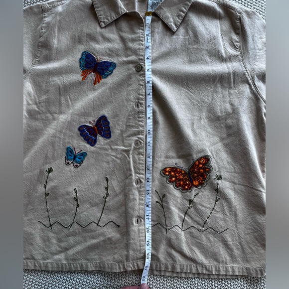 Retro White Stag Butterfly Short Sleeve Cotton Button Up Women’s Medium Tan - Picture 9 of 11